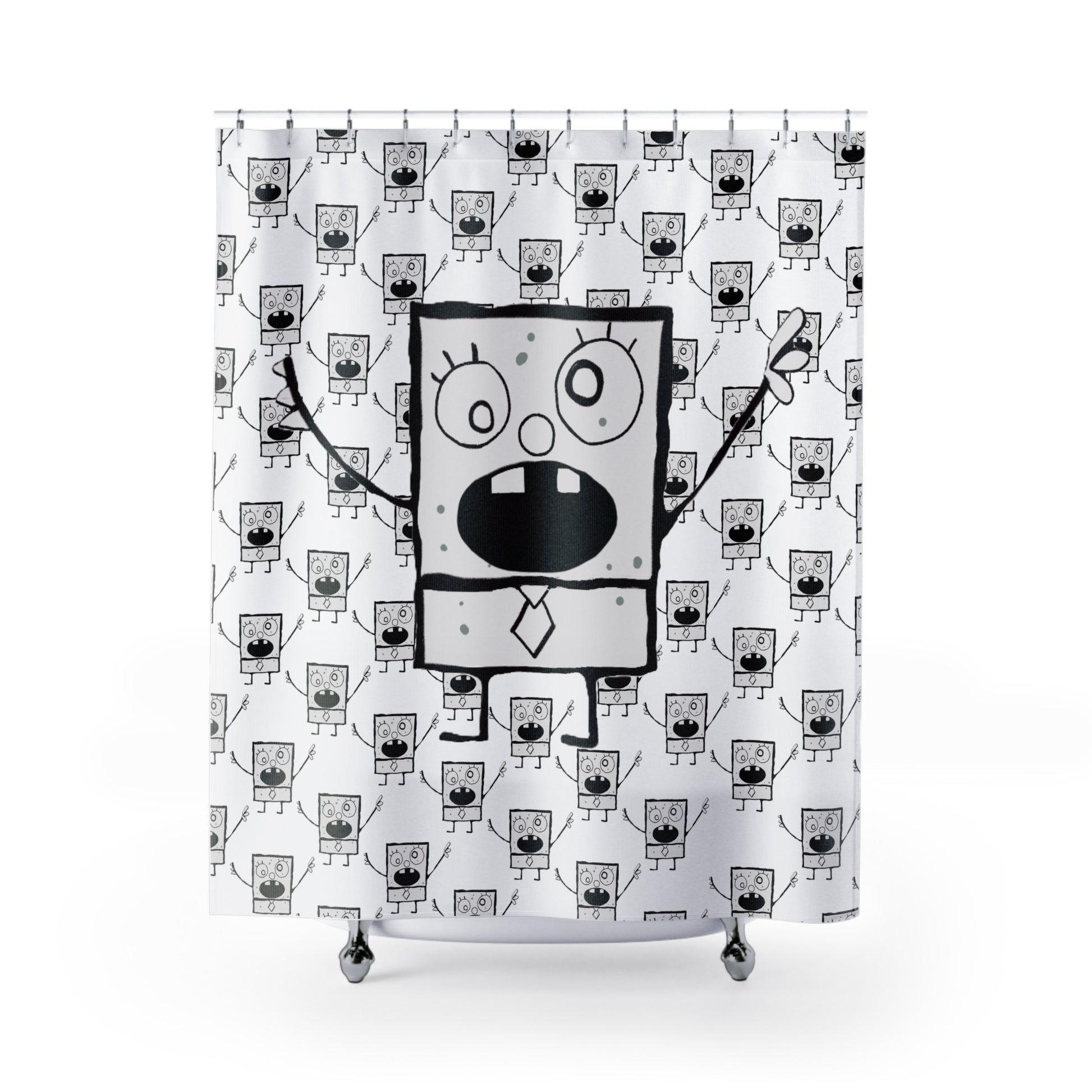 black and white shower curtain featuring doodlebob from spongebob squarepants