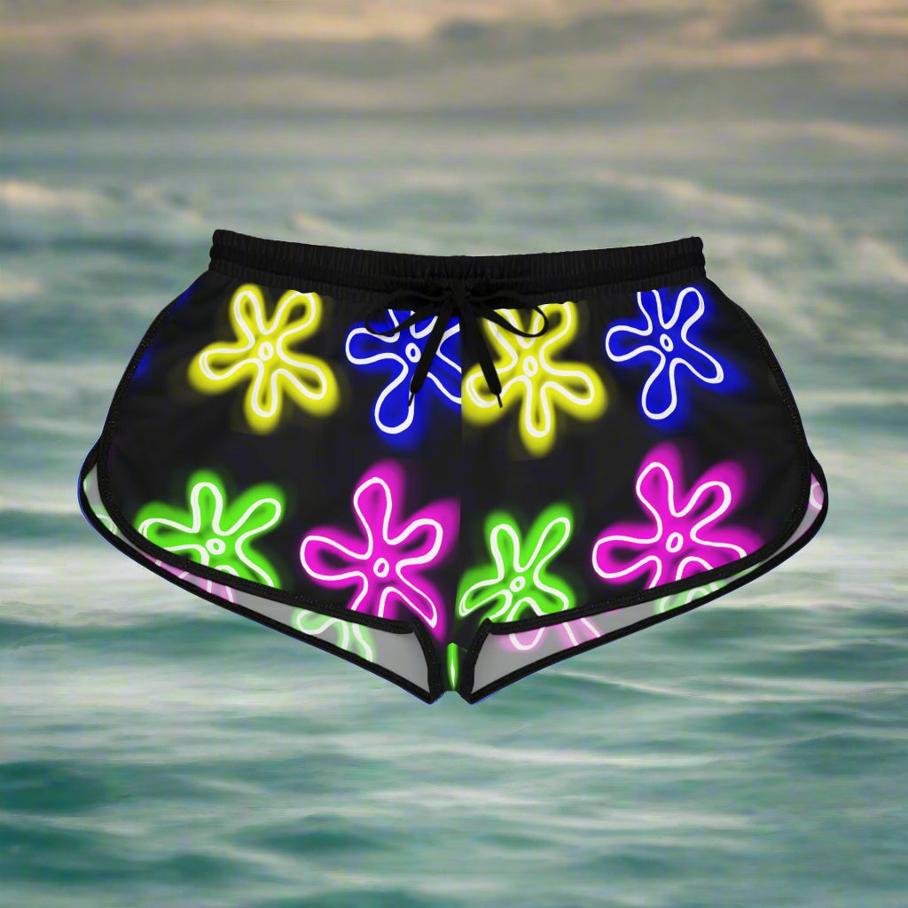 womens shorts - neon flower clouds