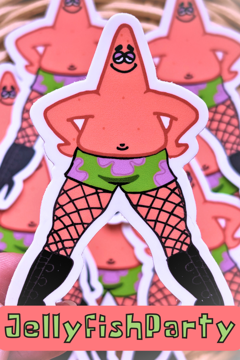 patrick star in heels sticker with jellyfishparty banner