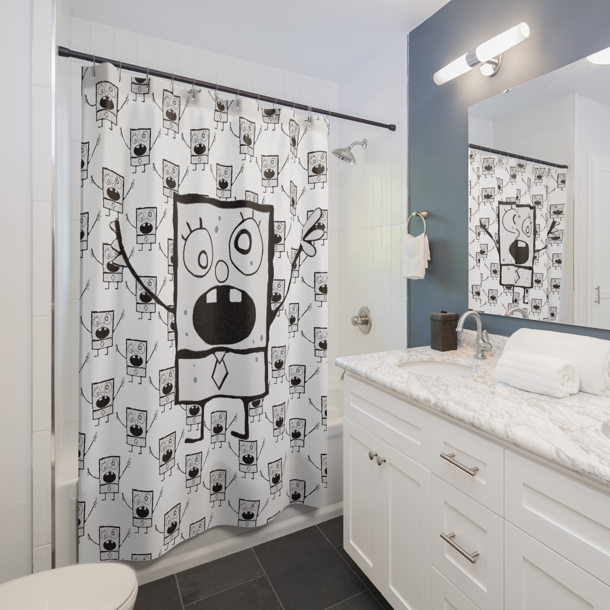 doodle bob shower curtain in light blue and white bathroom