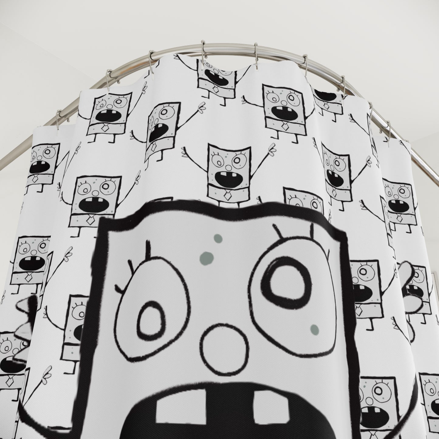 upclose shot of giant doodle bob on white shower curtain