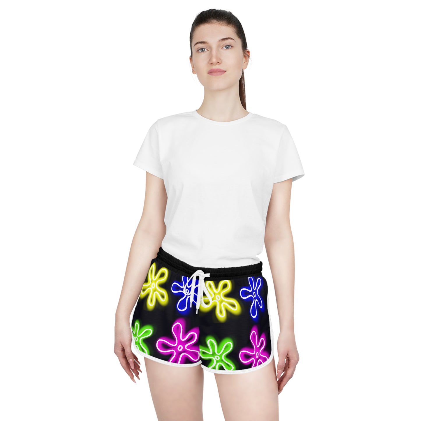 womens shorts - neon flower clouds