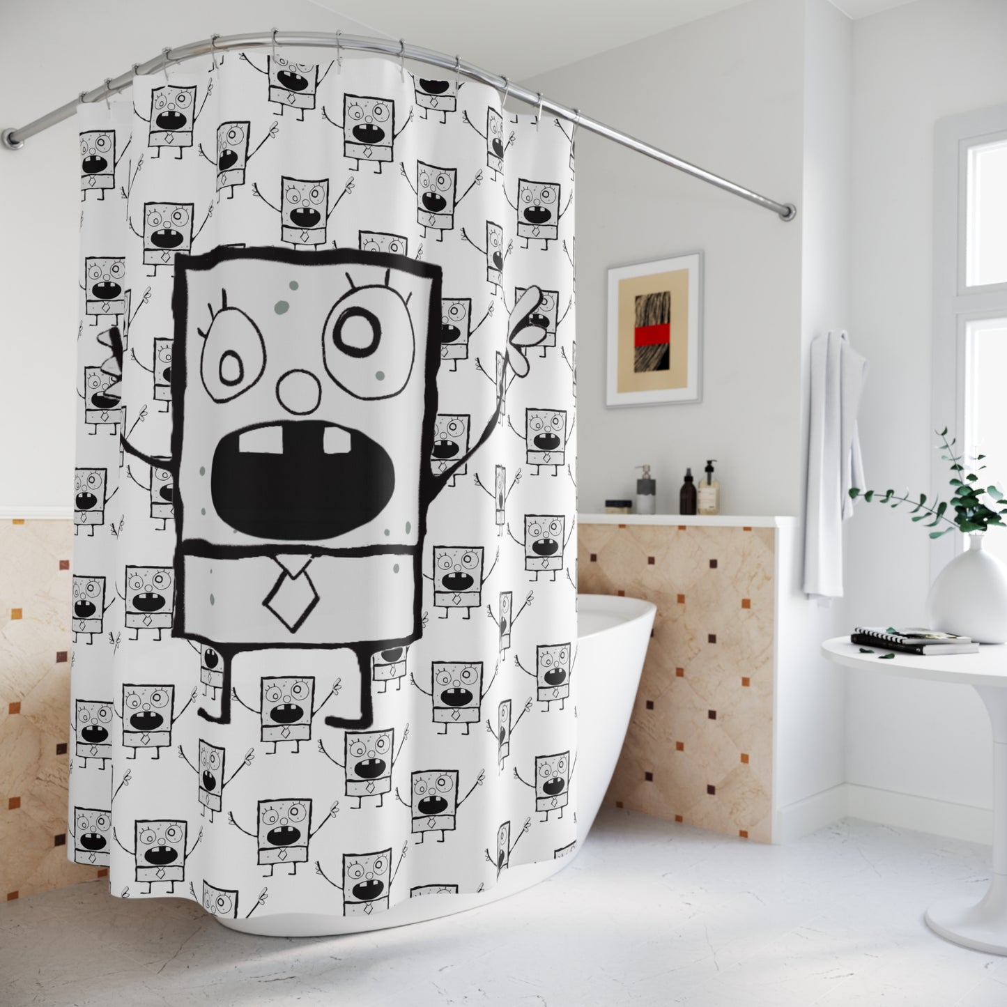 giant doodle bob shower curtain with white background and doodle bob accents in a quilted pattern. pictured in a white bathroom with minimal decor surrounding a large bathtub