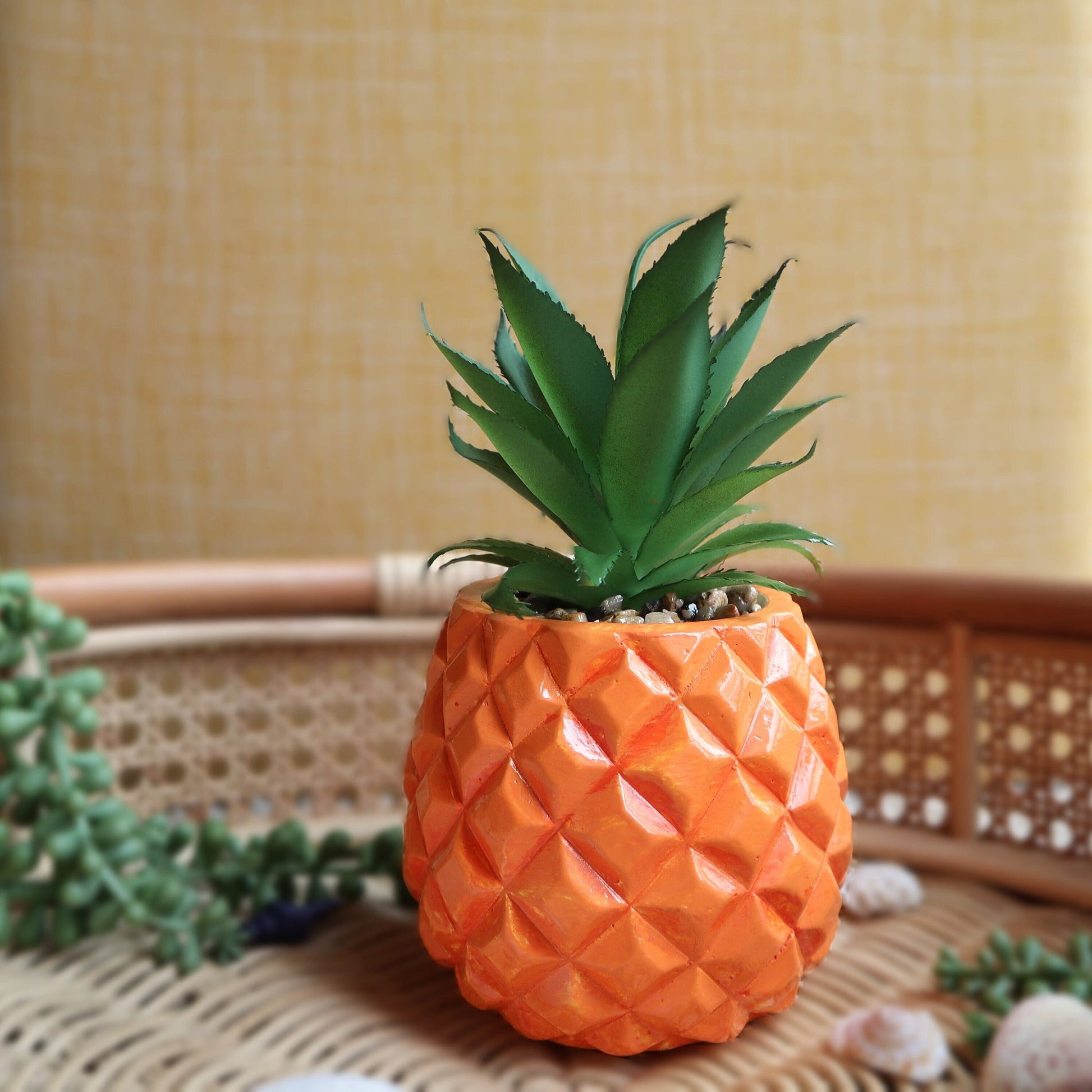 bright orange pinapple succulent on wicker tray with seashells and string of pearls