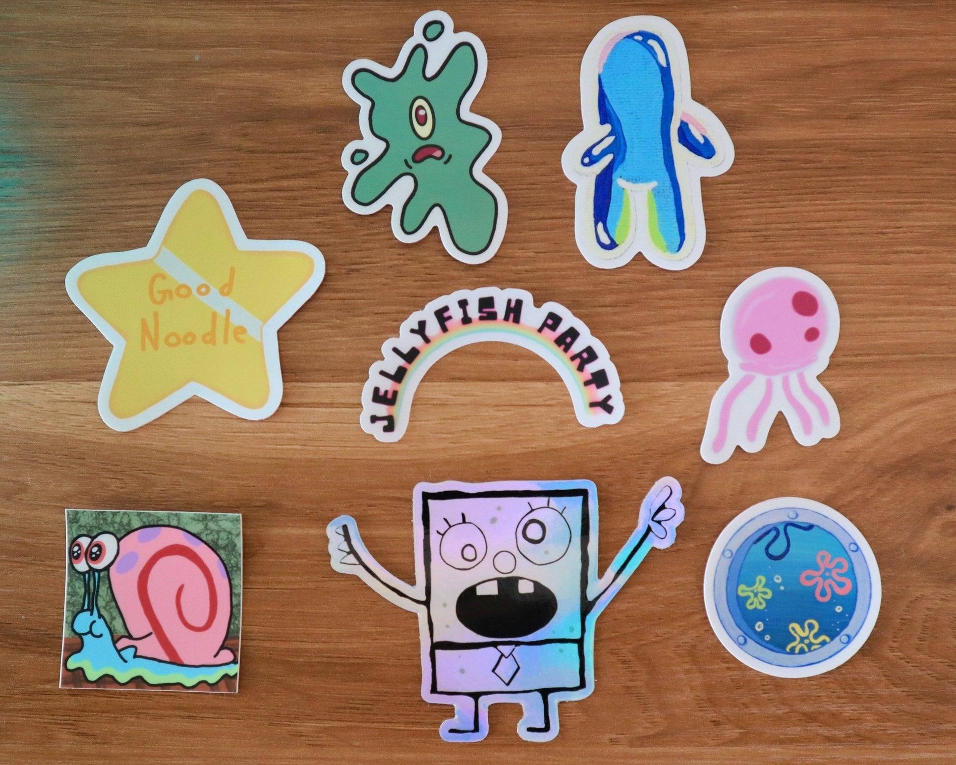 an assortment of eight stickers hand drawn and designed by jellyfishparty